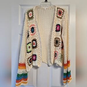 NWOT Colorful Crochet Open-Front Sweater Large